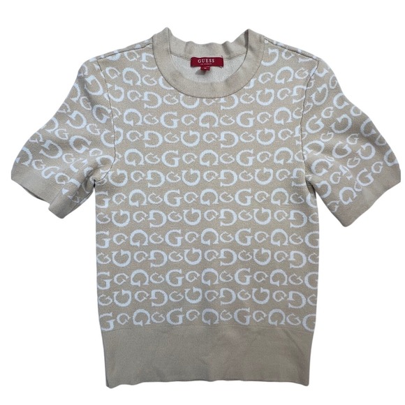 Guess Monogram Knit Top Short Sleeve Crew Neck Sweater‎ Beige Logo Size M - Picture 1 of 4